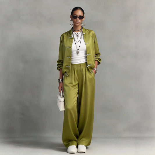 Satin set with hanging wide leg pants and drawstring two-piece set