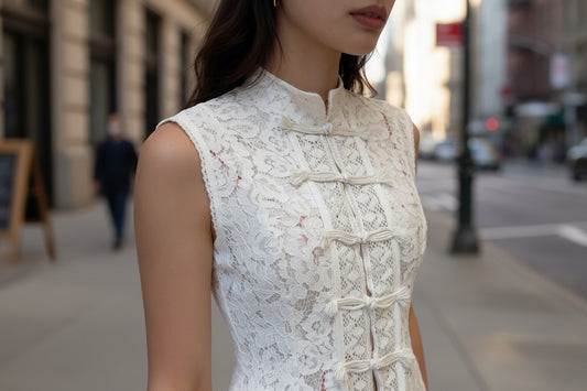 Fashionable Lace Crochet Stand Collar Slim-fit Sleeveless Shirt