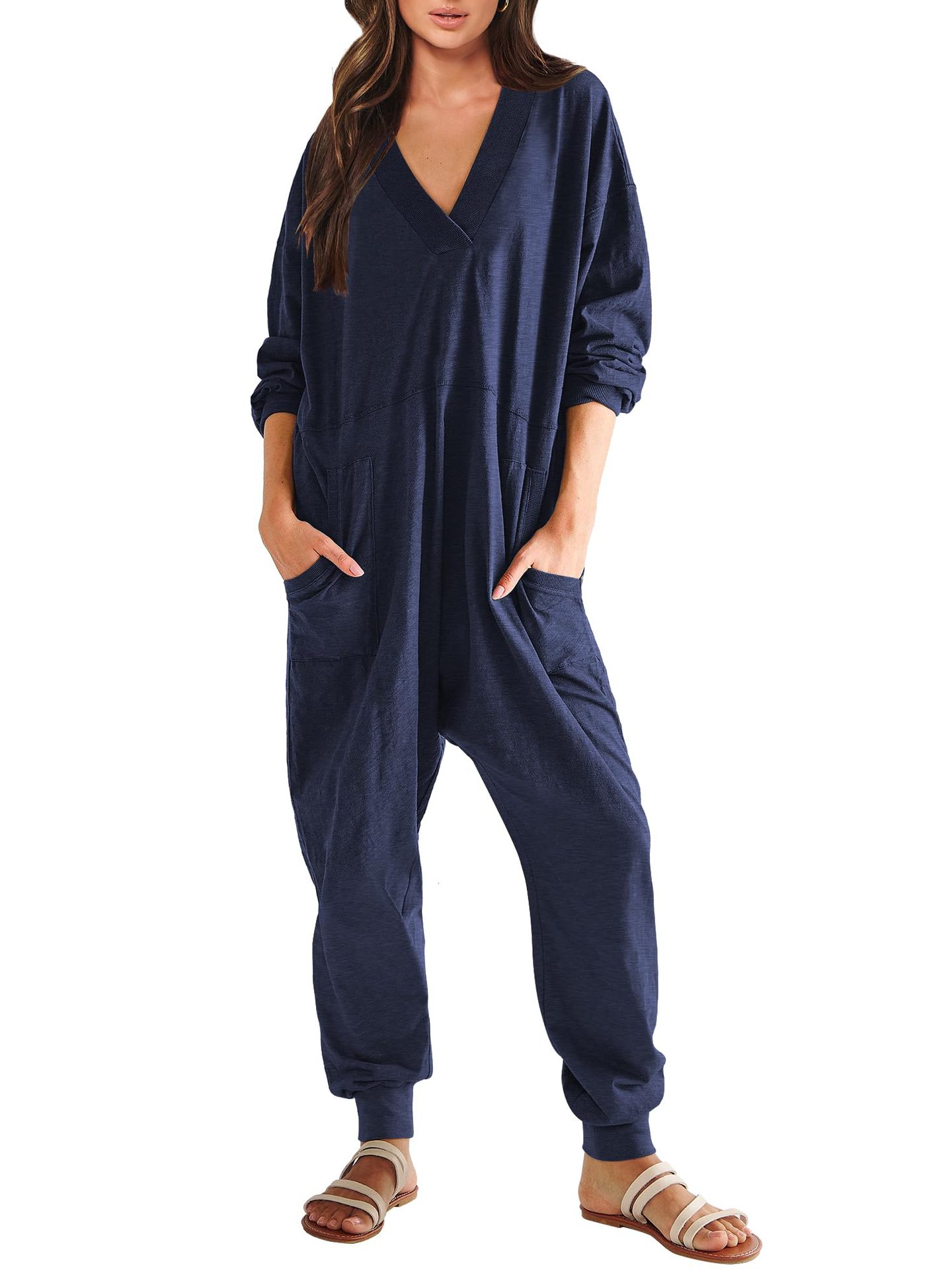 Women's V-neck Long Sleeve Solid Color Loose Jumpsuit With Two Side Pockets