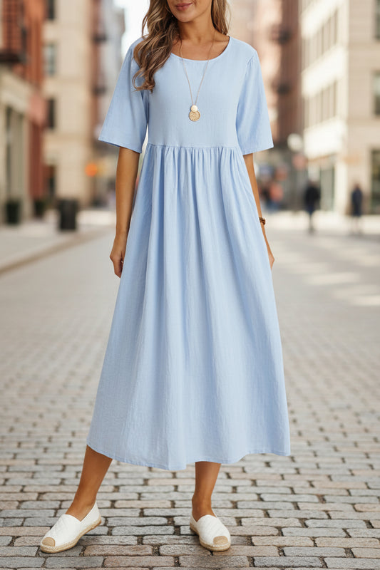 Plus Size Loose Cotton Linen Dress, Round Neck Sleeve Midi Dress With Pockets