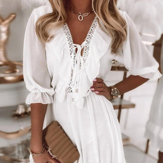 V-neck Spliced Chiffon Loose Casual Dress
