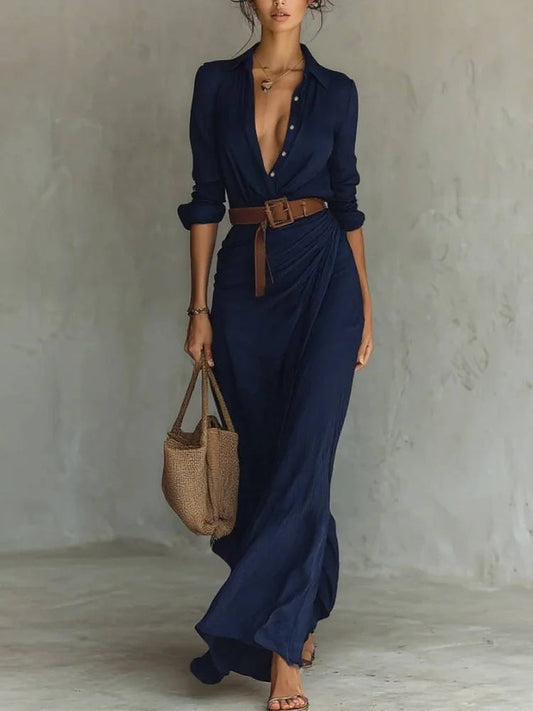 Women Autumn Elegant Sexy Solid Color Irregular Ruffle Dress With Belt