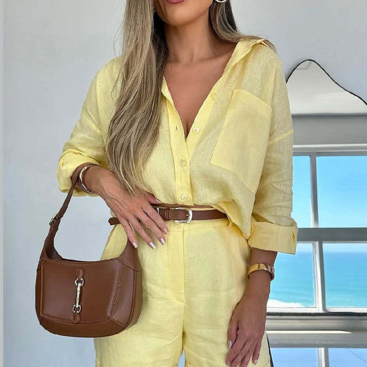 Casual Long-Sleeve Shirt And Shorts Womens Set