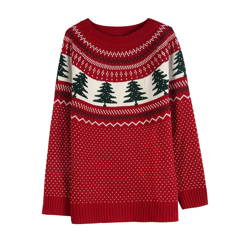 Women's Casual Pine Pattern Sweater, Loose Fit Round Neck Long Sleeve Knit Top For Holiday Parties
