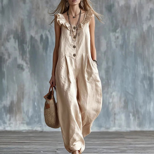 Womens Solid-Colored Sleeveless Button-Down Jumpsuit