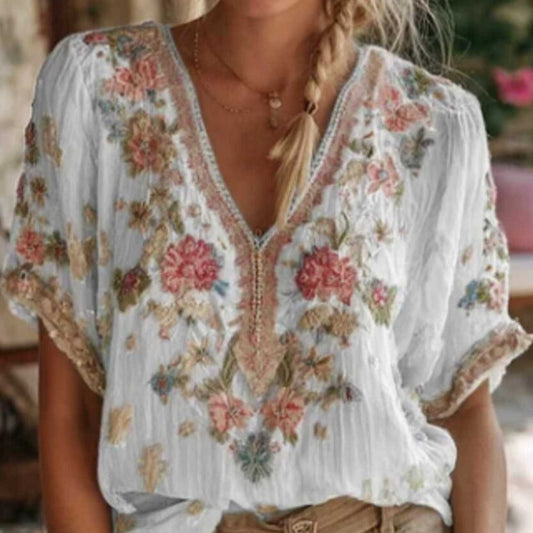 V-neck Elegant Artistic Retro-Style Short-Sleeve Womens Top