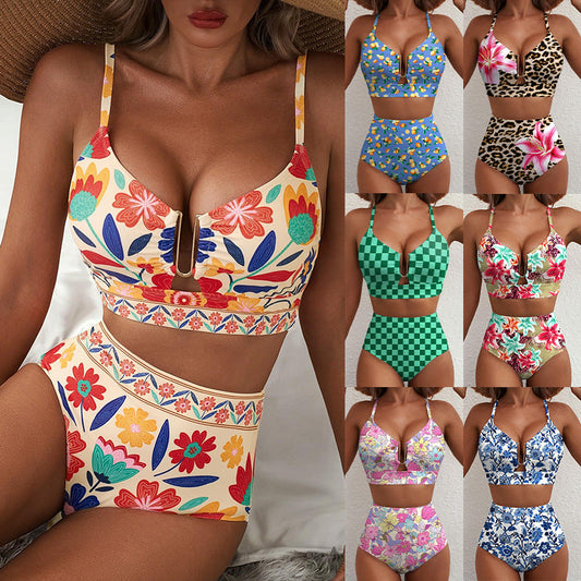 Floral Print High-Waisted U-Line Bikini Set Swimwear for Women
