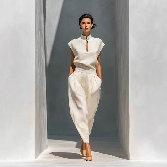 Chinese-style Satin Short-sleeve T-shirt And Pants Set For Women