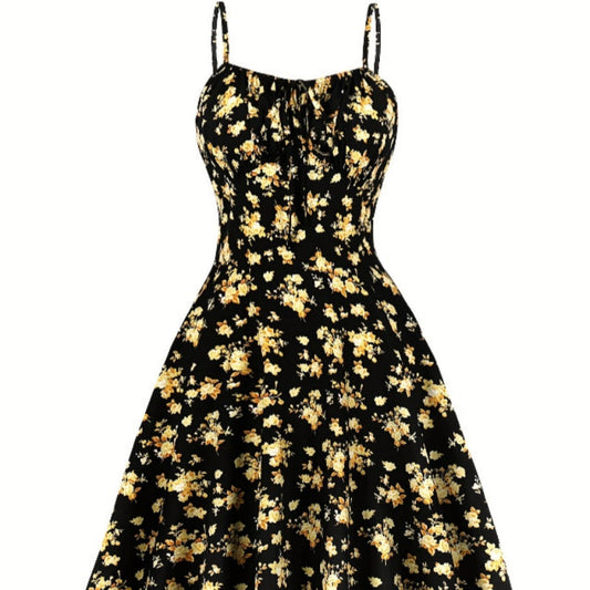 Women’s Floral Backless Maxi Dress – Strappy Dress with Bow & Flowy Skirt