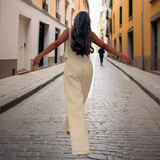 Women’s V‑Neck Button‑Front Vest & High‑Waist Pants Set CJ US