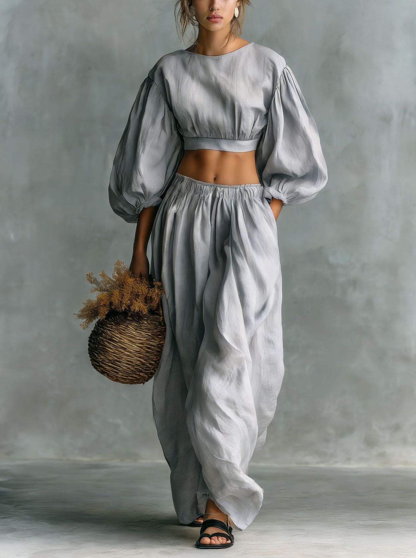Crew-neck Puffed-sleeve Pocketed Pants Casual Womens Set