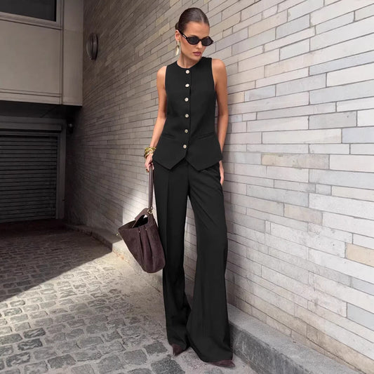 Elegant Commuter Vest And Wide-Leg Pants Two-Piece Set