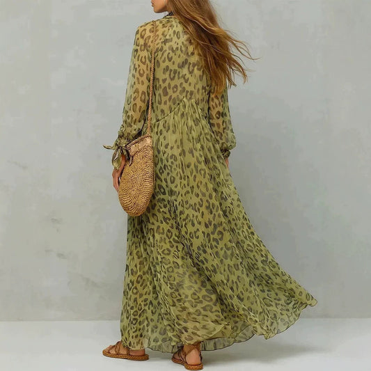 Leopard Print Chiffon Long Dress Deep V-Neck Three-Quarter Sleeve Flared Beach Vacation Dress