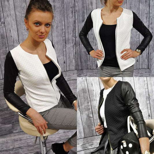 Female Outwear PU Leather Patchwork Spring Autumn Plaid Women Thin Coats Short Jackets Casual Slim Blazers Suit Cardigans CJ