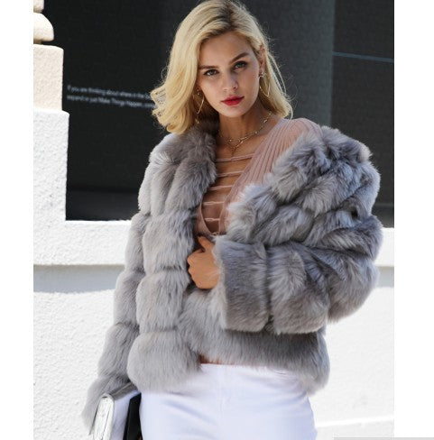 Women's Luxury Faux Fur Coat | Stand Collar Furry Jacket