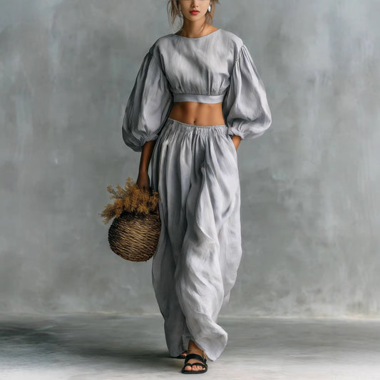 Crew-neck Puffed-sleeve Pocketed Pants Casual Womens Set