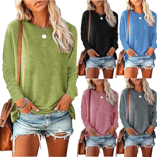Womens Solid-Color Long-Sleeve Crew-Neck Pullover T-Shirt