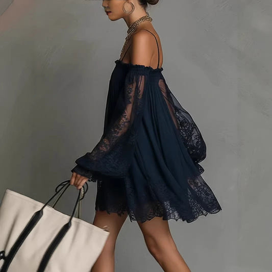 Long-sleeve Slip Dress In Solid Color With A Stretchy Boat Neck And Lace Detailing