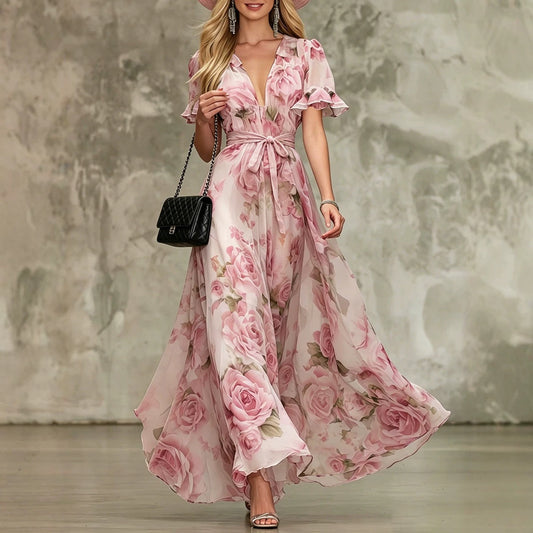 Deep V-neck ruffle sleeve printed dress