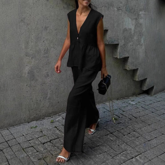 Womens Cotton V-Neck Sleeveless Vest And Wide-Leg Pants Set