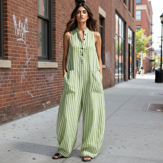 Fashionable Loose V-Neck Long Striped Jumpsuit