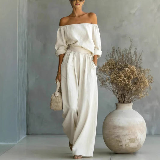 Casual Two-Piece Womens Outfit Off-Shoulder Top And Wide-Leg Pants Set