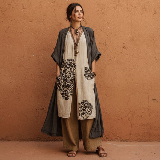 Loose Embroidered Long Robe Two-Piece Set for Women, Casual Wide-Leg Pants Outfit, Fashionable and Trendy