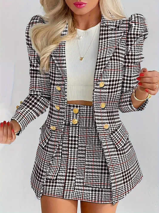 Plus Size Plaid Skirt Suit for Women – Two-Piece Blazer and High Waist Skirt Set CJ