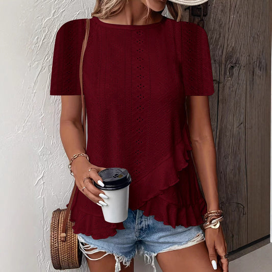 Womens Fashion Casual Solid-color Short-sleeve Crew Neck