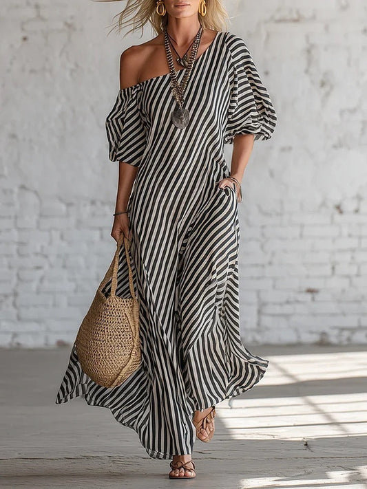 Spring Elegant Striped Off-Shoulder Dress