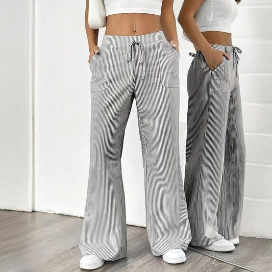 Women's Striped Print Straight Wide Leg Pockets Pants Casual Long Pants CJ US