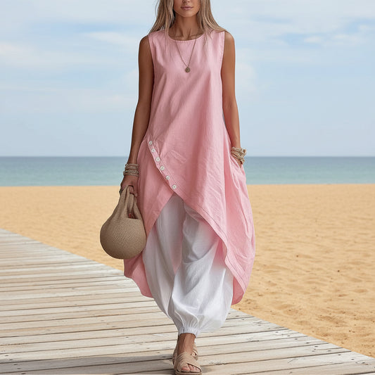 Solid Color Sleeveless Loose Pocketed Mid-Length Dress Set
