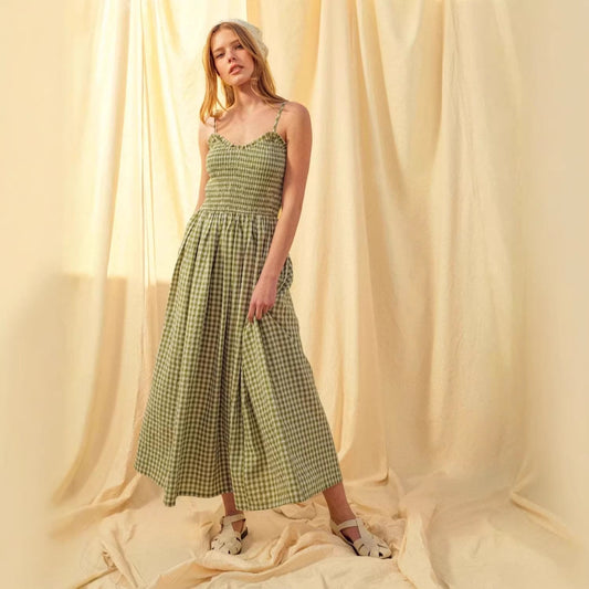 Summer Strap Retro Plaid A-line Slimming Dress for Women with Waist