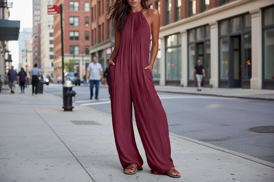 Resort-style White Pleated Open-back Wide-leg Jumpsuit