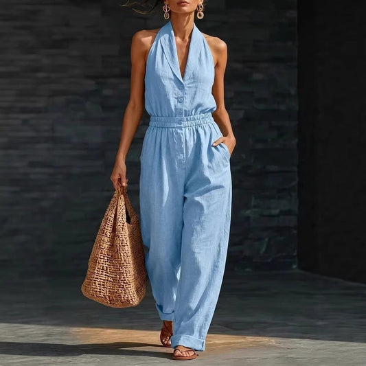 Fashionable Solid-Color Slimming V-Neck Jumpsuit