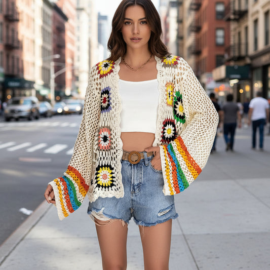 Hand-crocheted Floral Sweater With Random Color Blocks