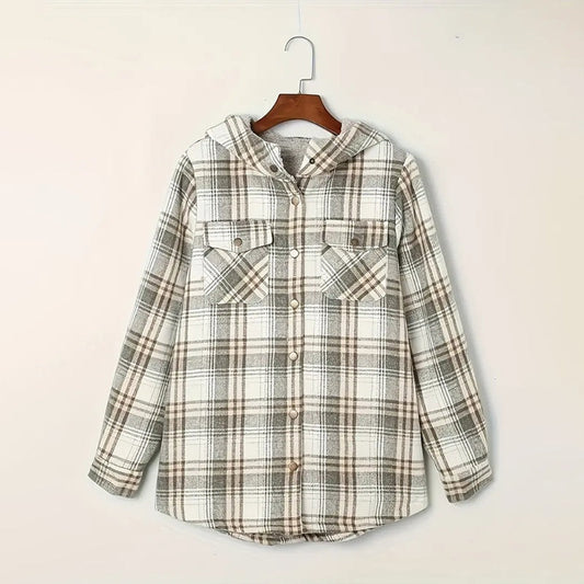 Women's Plaid Button-Up Long Sleeve Jacket Fall Winter Flap Button Pocket Design Casual Hooded Fleece-Lined Warm Coat CJ US