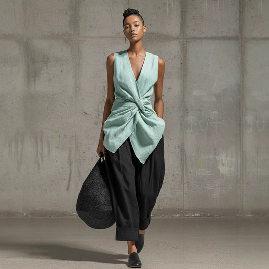 Waist-cinching Tie-front V-neck Sleeveless Top Wide-leg Pantsuit