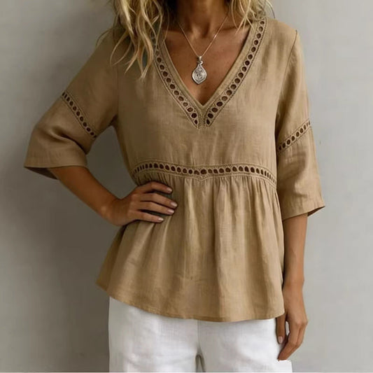 Solid-color V-neck Hollow-out Casual Fringed Top