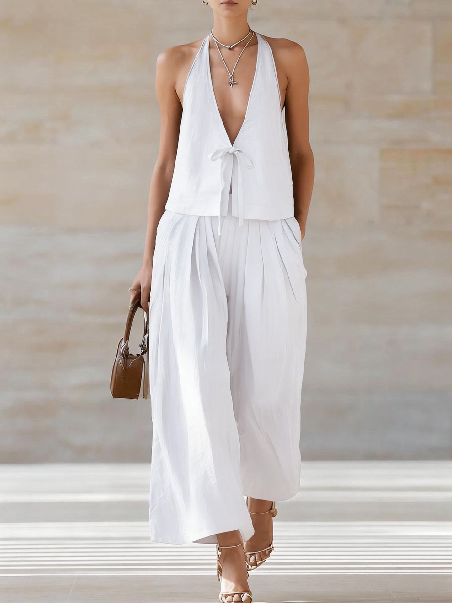 Fashionable Casual Sleeveless Vest And Loose Wide-Leg Pants Womens Set