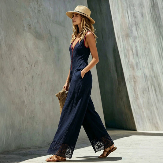 Womens Solid-Colored Jumpsuit With Spliced Lace And Pockets Long Pants