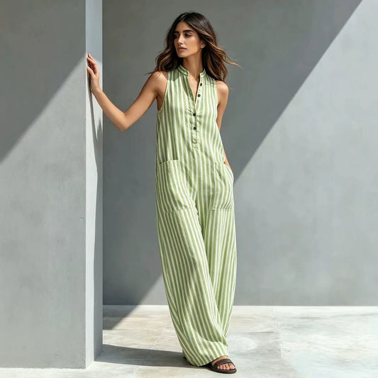 Fashionable Loose V-Neck Long Striped Jumpsuit