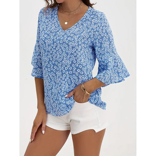 Womens Summer Floral Print Blouses V-Neck Flare Sleeve Tops CJ US
