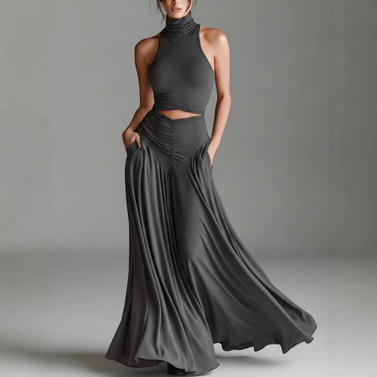 Style Sleeveless High Neck Top with Elegant Long Dress Two-Piece Set