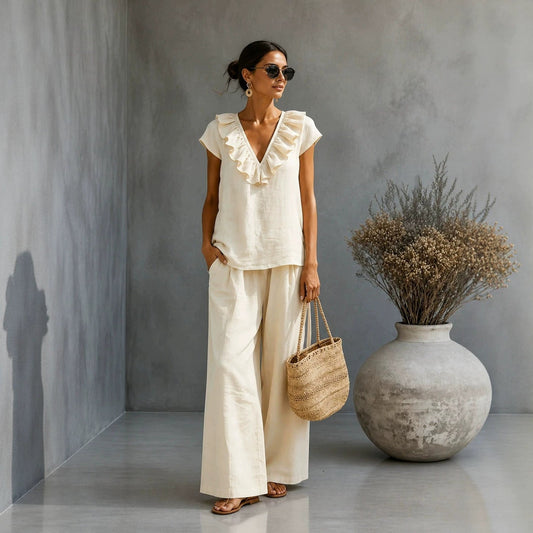 Women's V-neck Ruffled Hem Wide-leg Pants Set