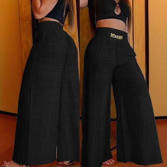 New Womens Fashionable Retro High-Waist Elastic Drapey Wide-Leg Long Pants For Women