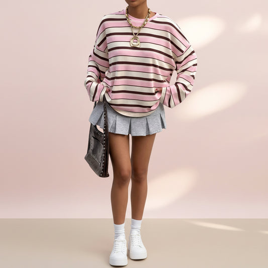 Round neck contrasting striped pullover loose hoodie