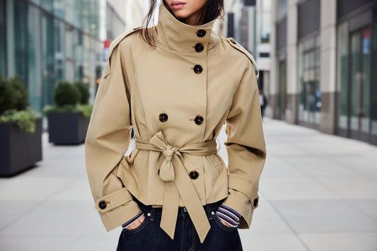Womens Buttoned Waist-Cinching Lace-Up Trench Coat