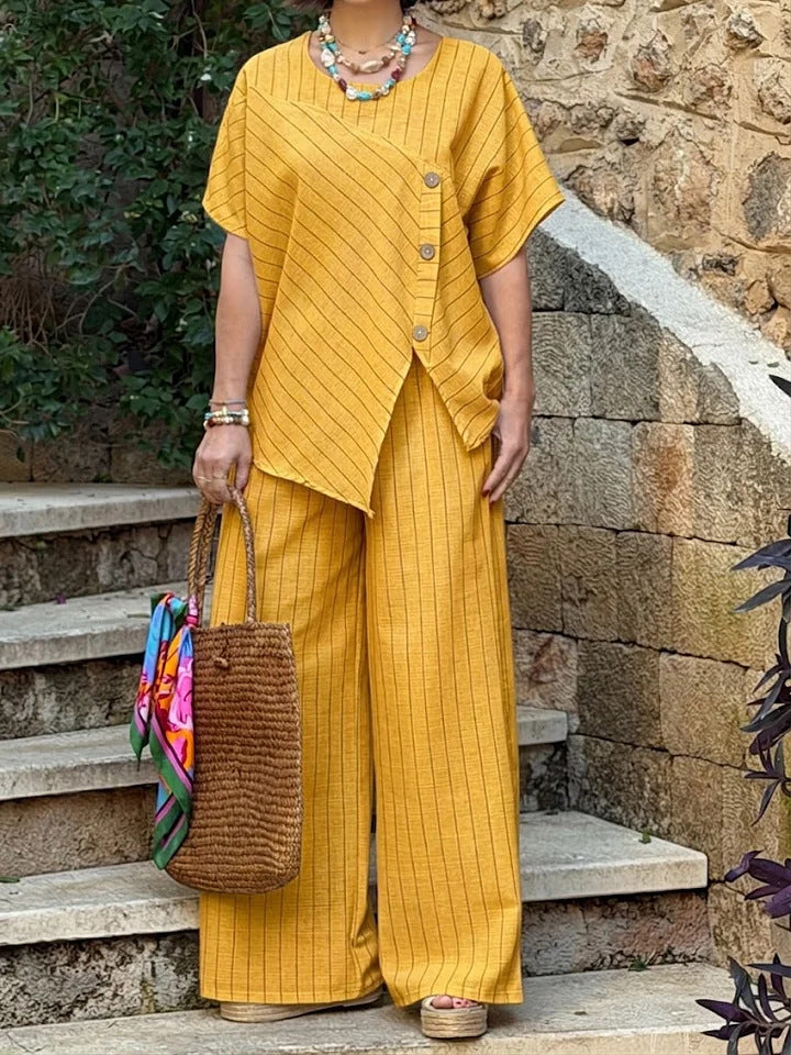 Striped Short-sleeve Shirt And Loose-fitting Pants Two-piece Set