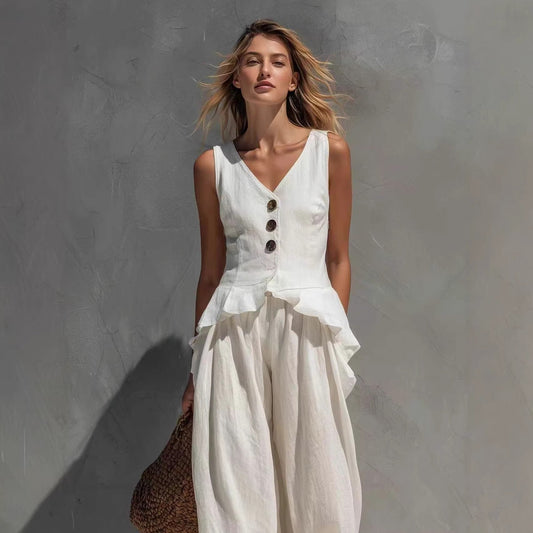 Sweatshirt-style Casual Sleeveless Top And Wide-leg Pants Two-piece Set